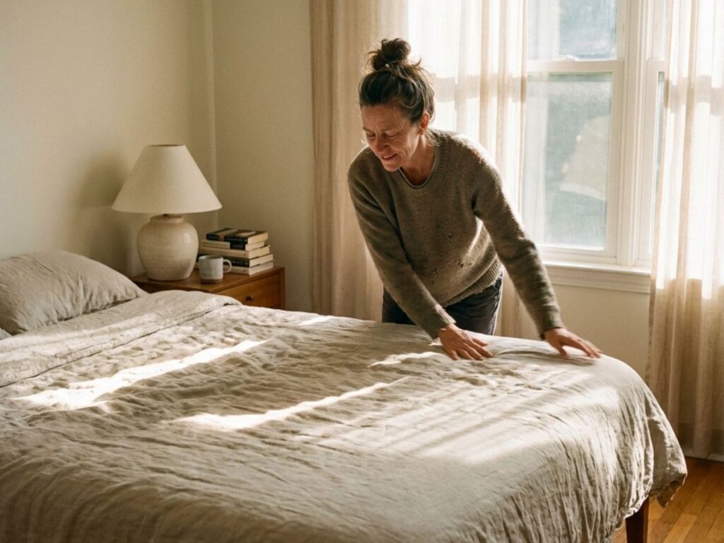 Person smoothing bed sheets in sunlit bedroom