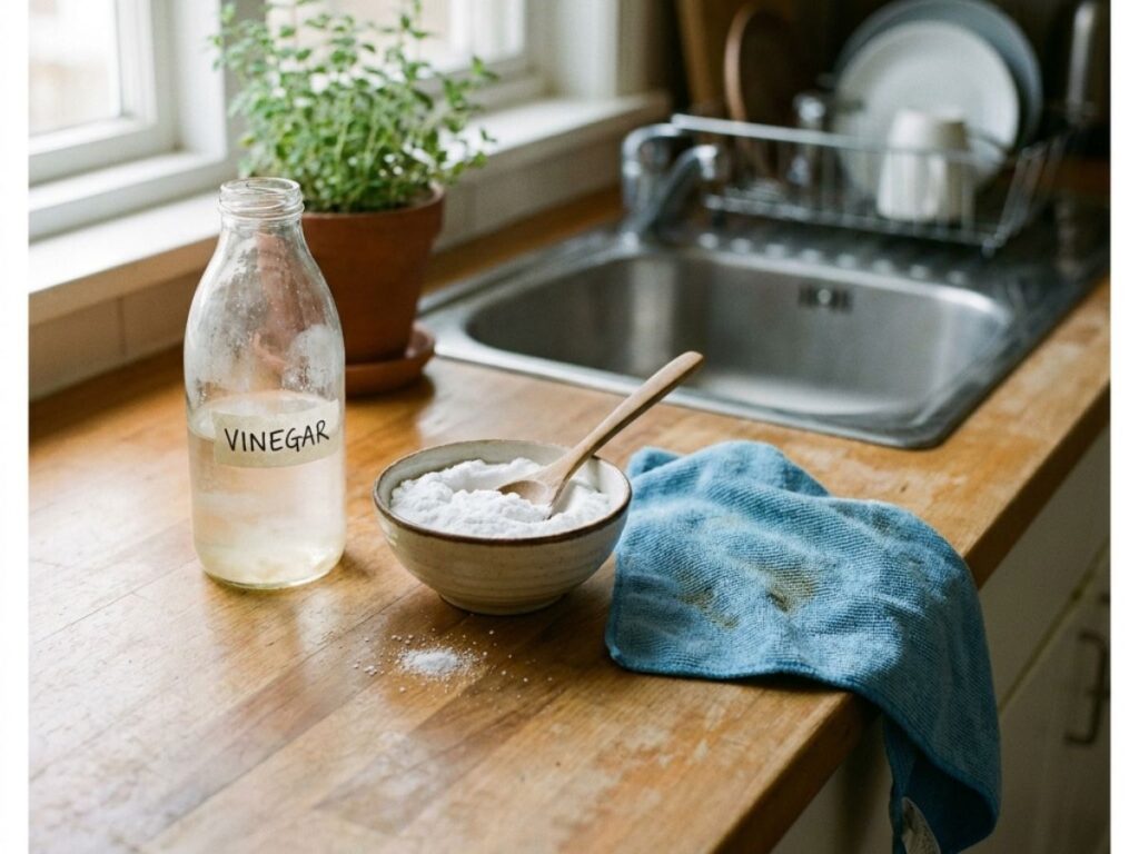Vinegar and baking soda cleaning supplies on counter