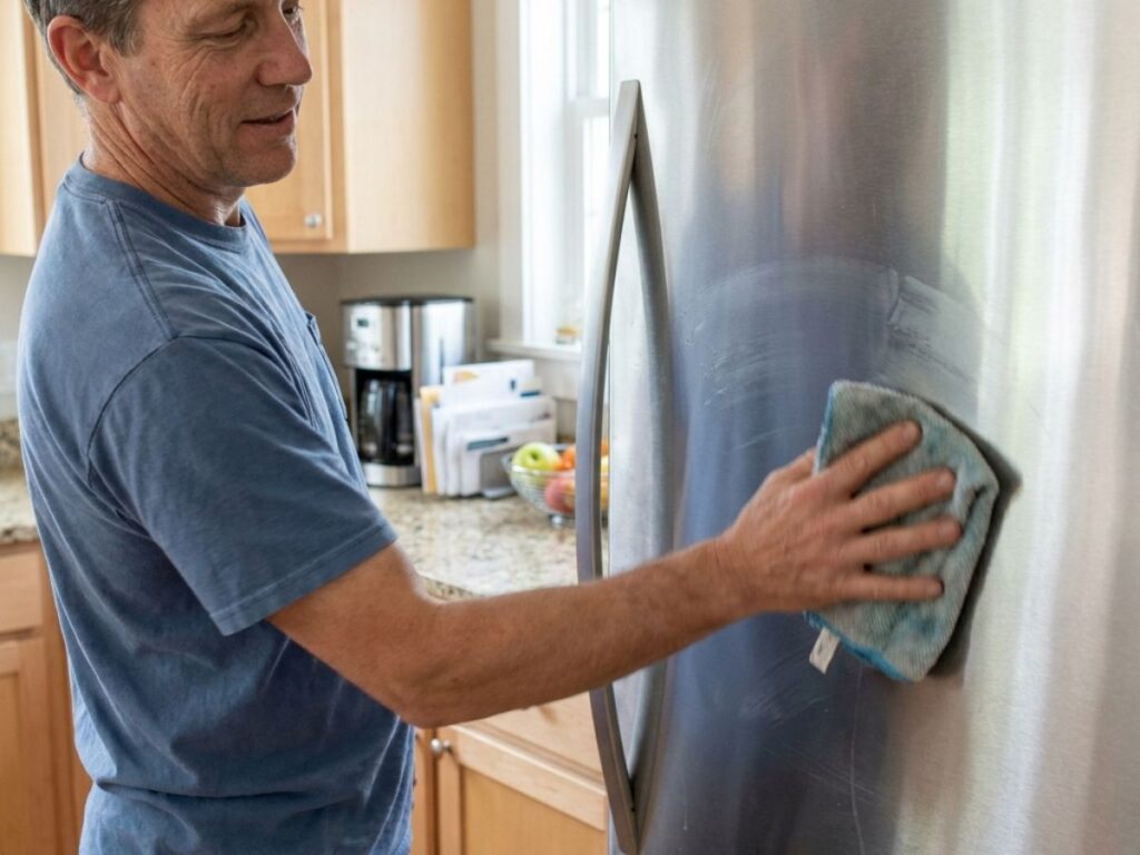 Man wiping stainless steel refrigerator door