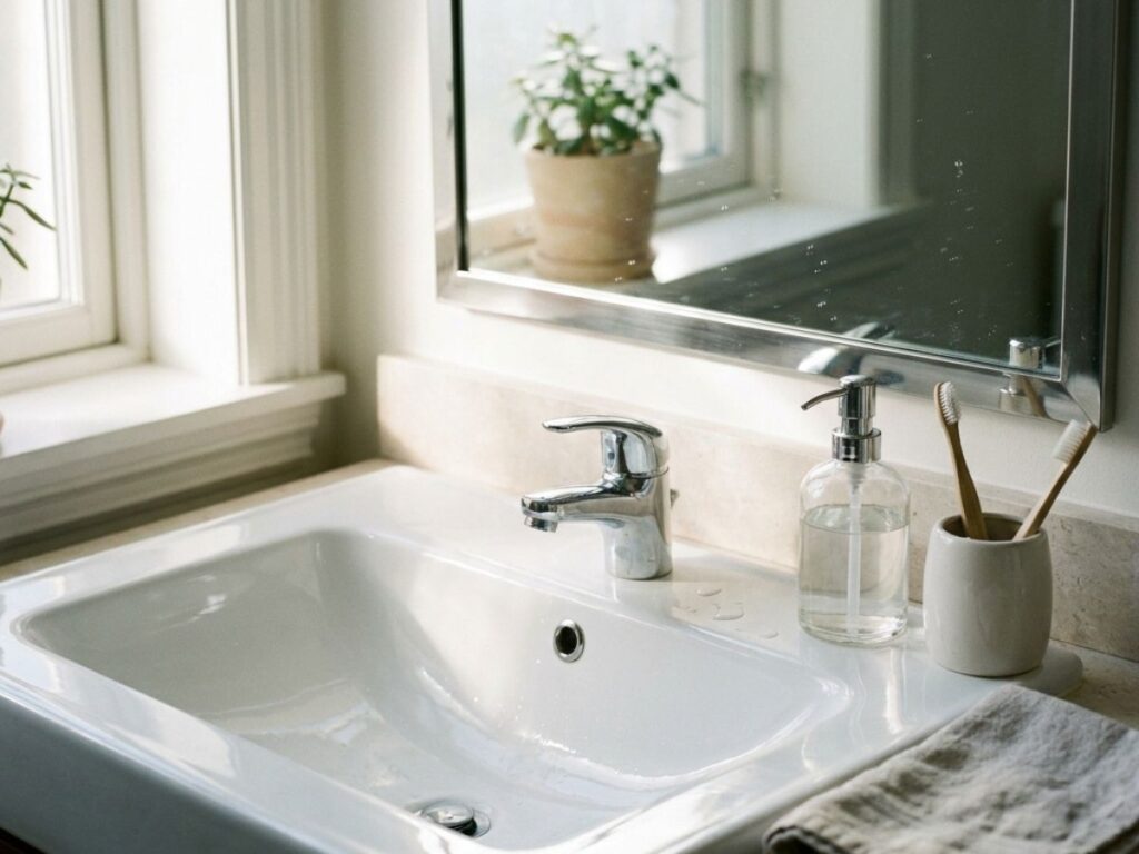 Bathroom sink with soap dispenser and toothbrush cup