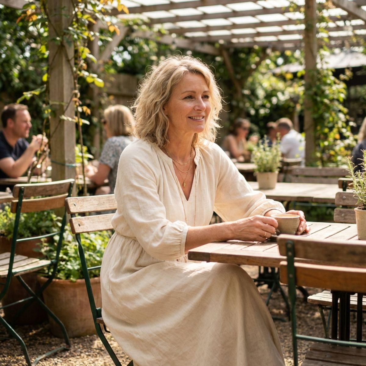 Woman in light dress sitting in garden café holding coffee.