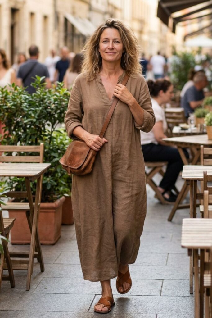 Woman in loose brown midi dress walking through a café-lined street carrying a leather shoulder bag.