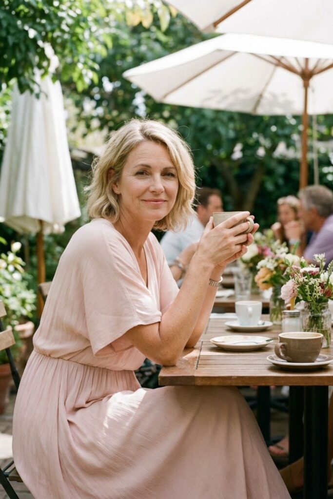 Woman in blush pink dress sitting at outdoor café table holding a cup of coffee under umbrellas.