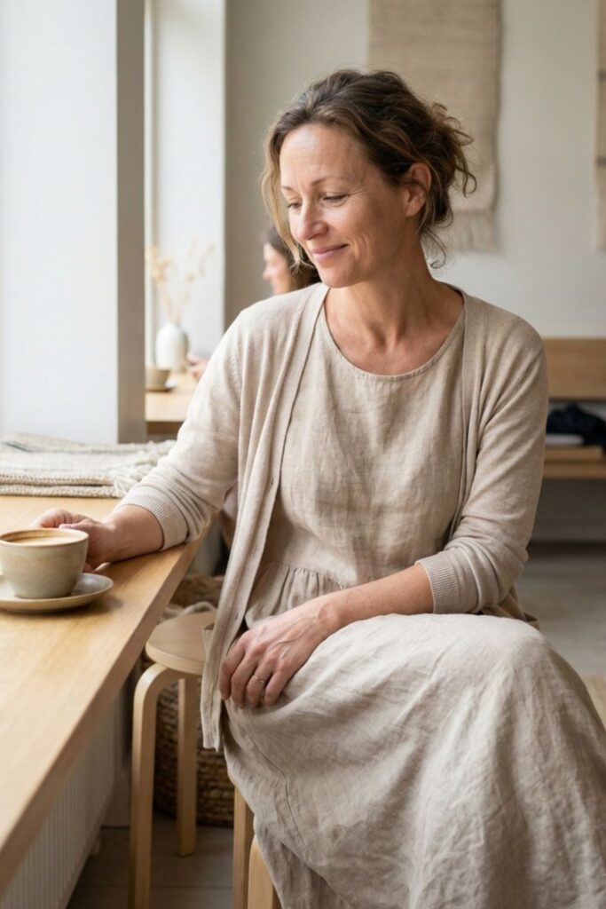 Woman in beige dress and cardigan sitting by window, looking down at a cup of coffee on the table.