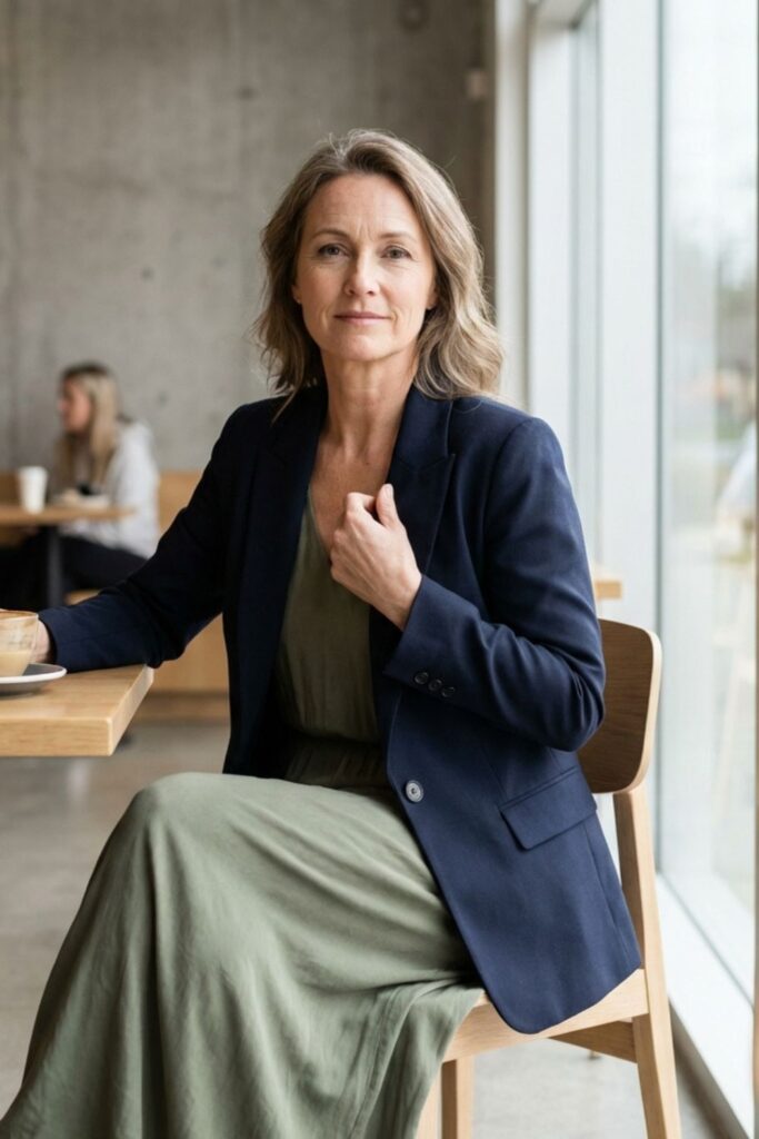 Woman in green dress and navy blazer sitting at café table with coffee, looking directly at the camera.