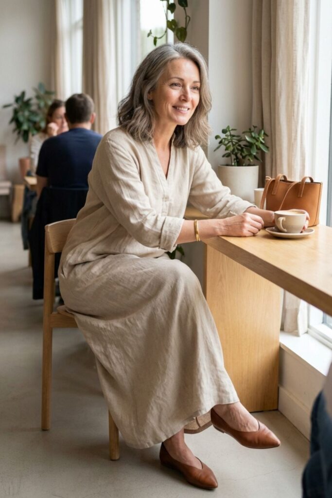 Woman in light linen dress sitting at café window, smiling and chatting with someone across the table.