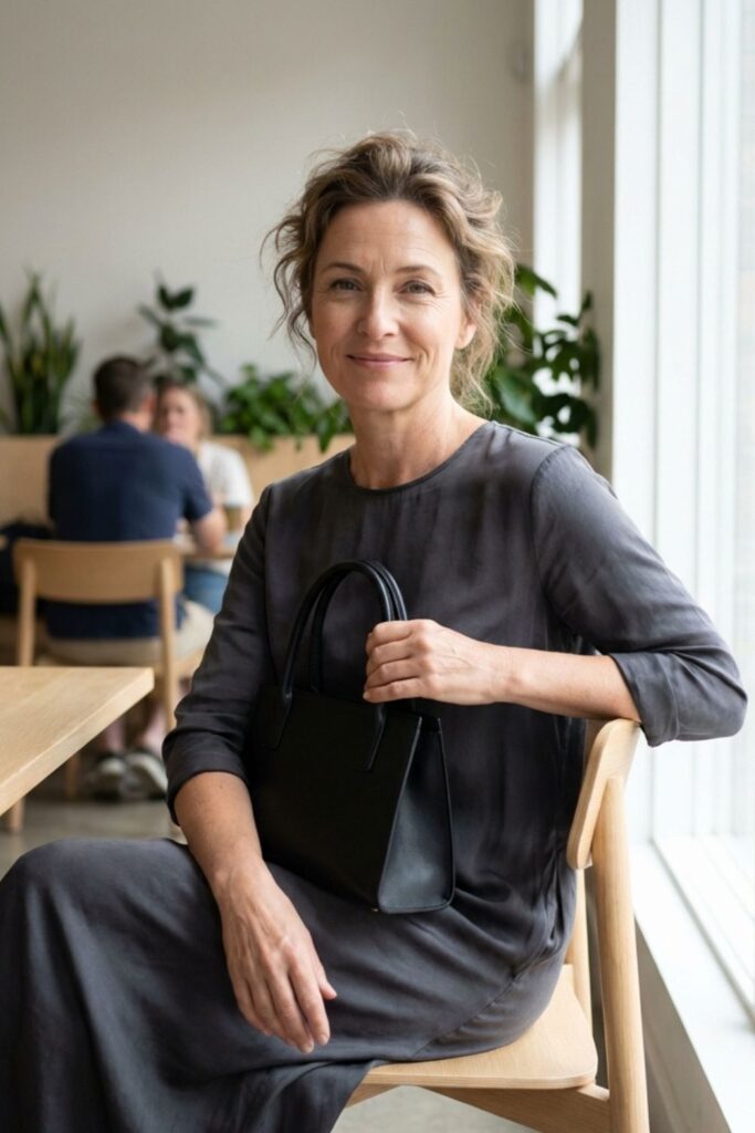 Woman in dark dress seated by window holding a small black handbag, facing the camera in a café.