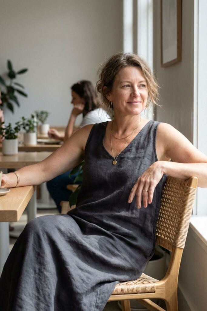 Woman in sleeveless charcoal dress sitting by café window, holding a cup of coffee and looking outside.