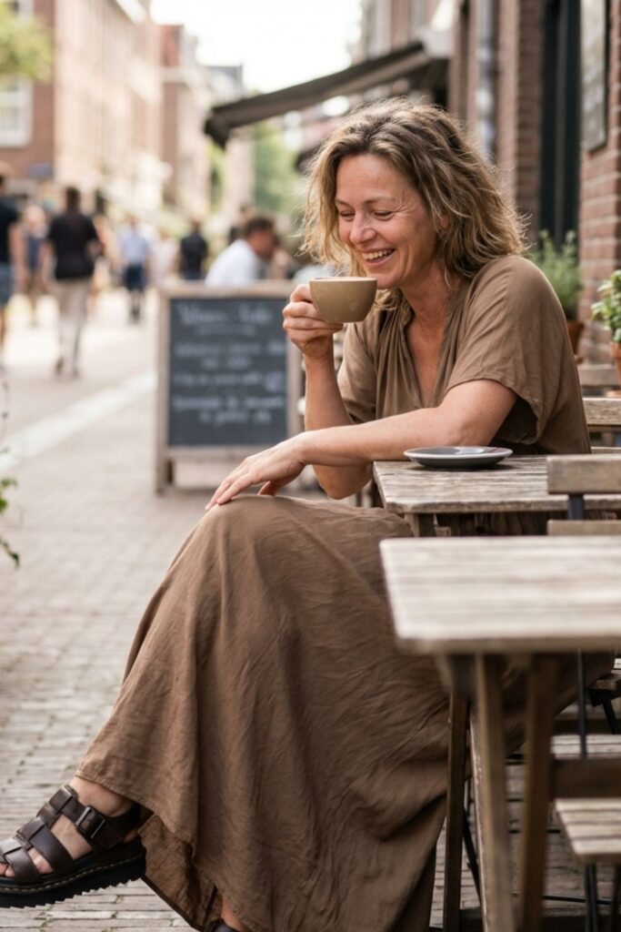 Woman in brown dress sitting at sidewalk café laughing while holding a cup of coffee