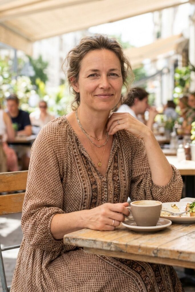 Woman in patterned brown dress sitting at outdoor café table with coffee and food, resting her hand near her neck.