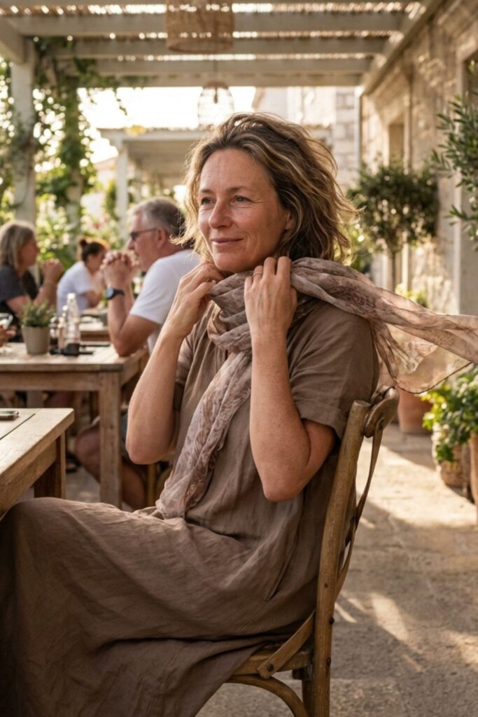 Woman in brown dress sitting at outdoor café adjusting a scarf, surrounded by greenery.