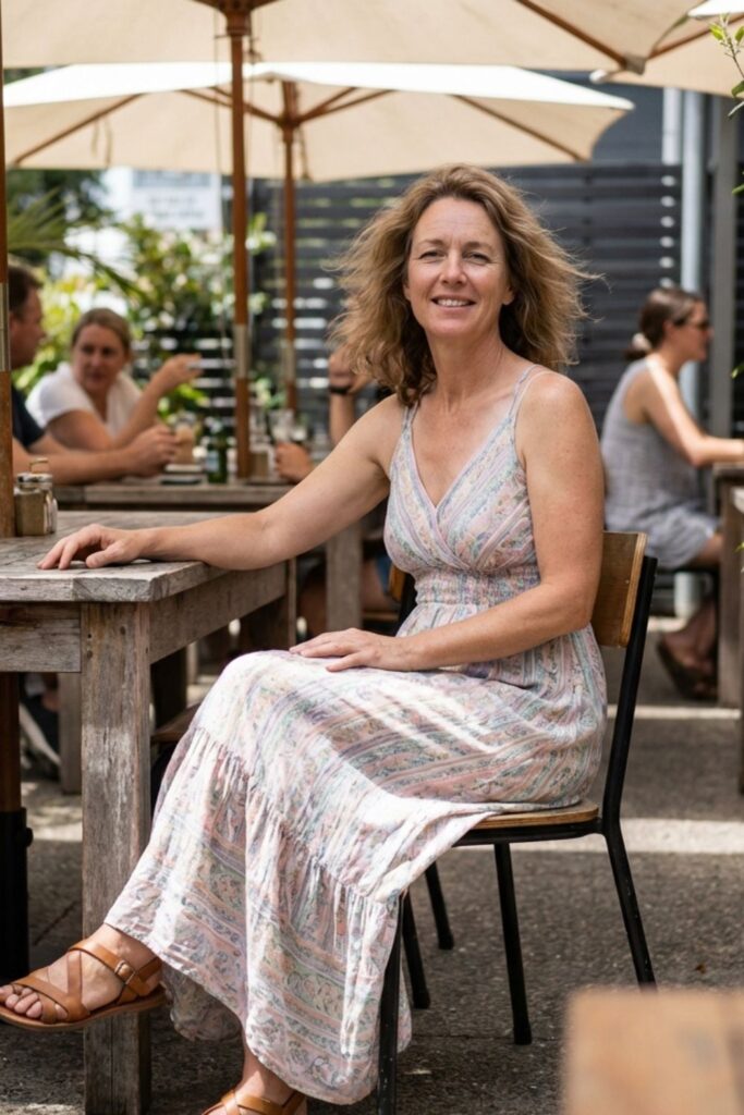 Woman in sleeveless maxi dress sitting at outdoor café table