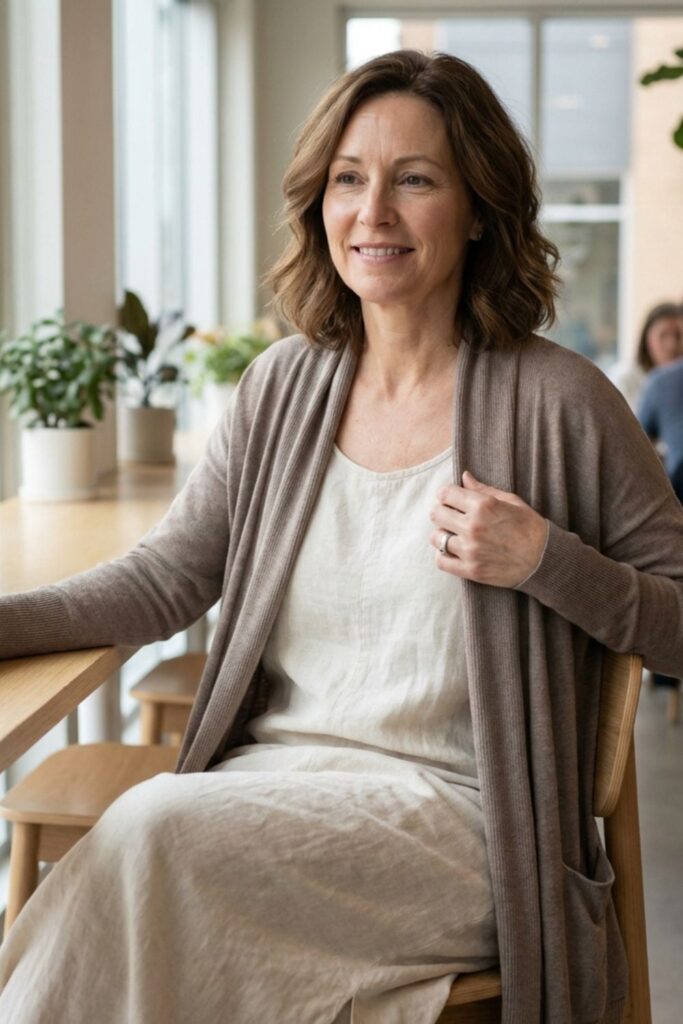 Woman in light neutral dress and cardigan sitting by window with coffee, smiling softly in a café.