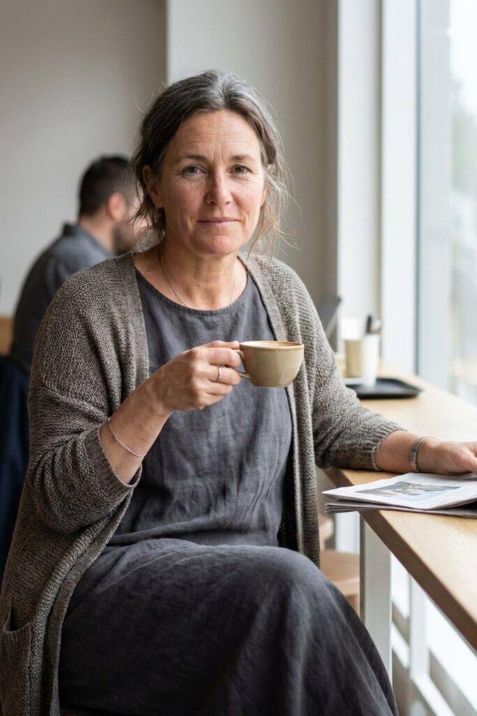 Woman in gray dress and cardigan sitting by café window holding a cup of coffee beside a folded newspaper.