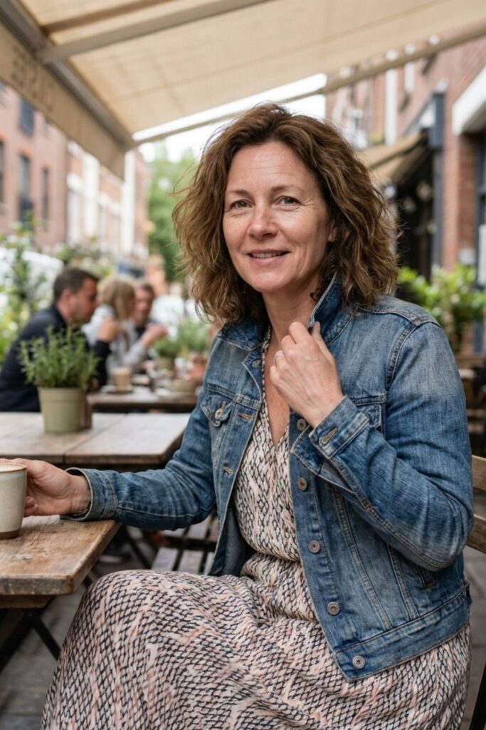 Woman in denim jacket sitting at café table with coffee