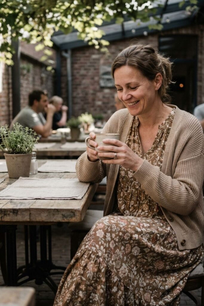 Woman in floral dress smiling while holding drink at outdoor café.