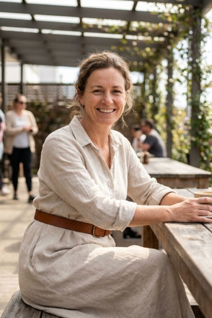 Woman in light linen dress sitting at outdoor café table holding coffee and smiling