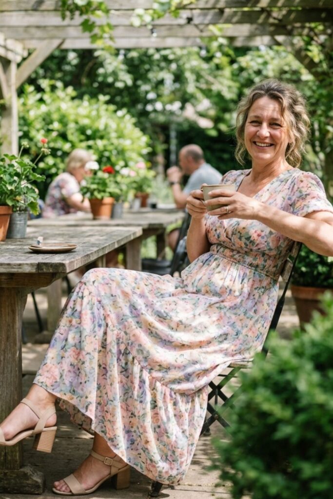 Woman in light floral maxi dress sitting in lush garden café, smiling and holding a cup of coffee.