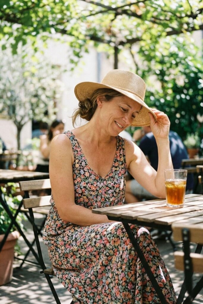 Woman in floral sleeveless dress and straw hat sitting at garden café table with iced drink
