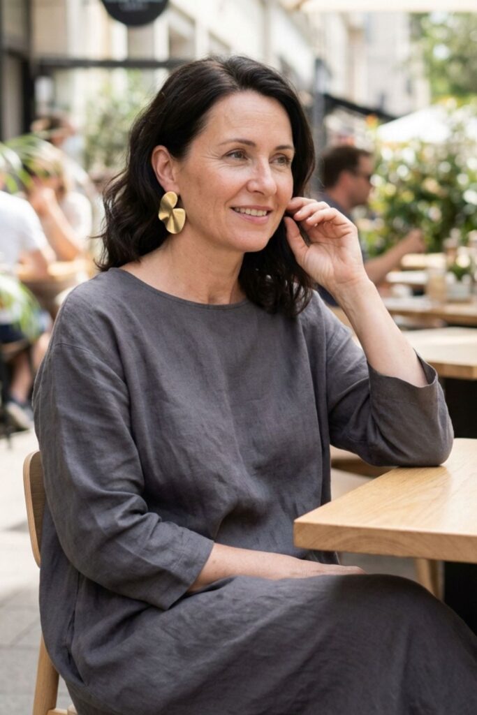 Woman in dark minimalist dress sitting at outdoor café table, smiling and adjusting her hair