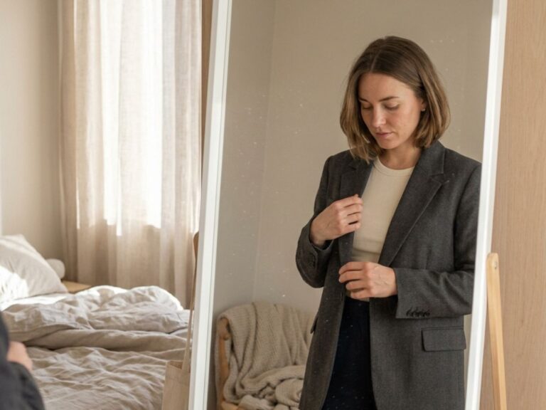 Woman adjusting blazer in mirror
