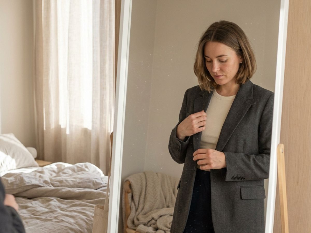 Woman adjusting blazer in mirror