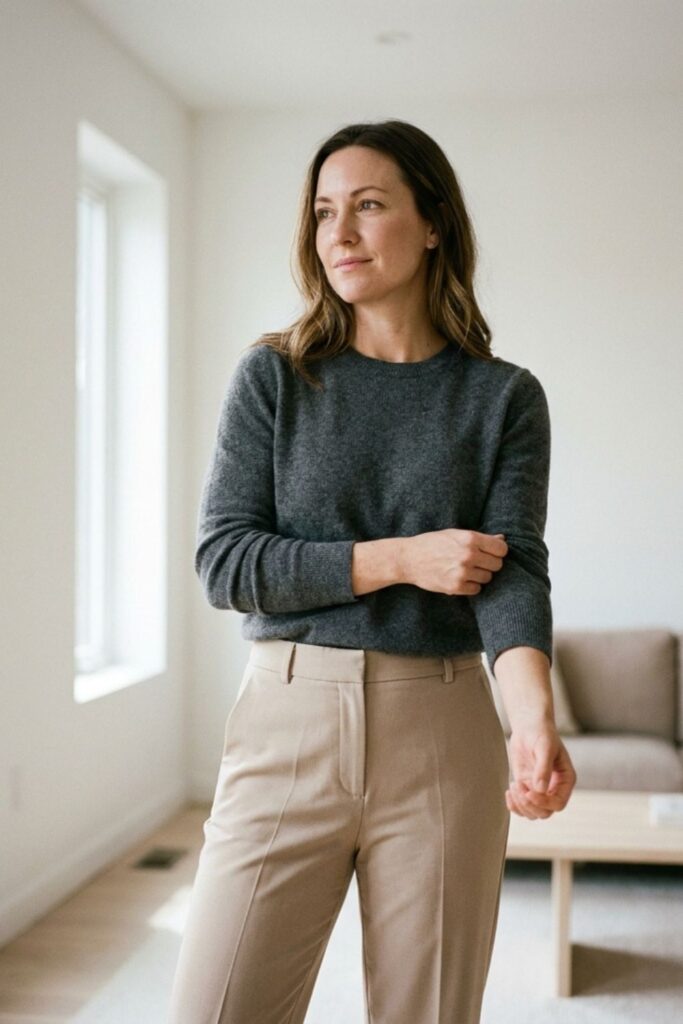 Woman in minimal outfit standing indoors
