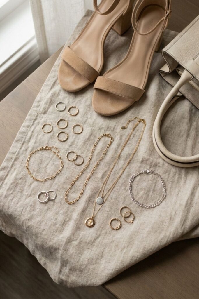 Neutral heels, bag, and jewelry flat lay