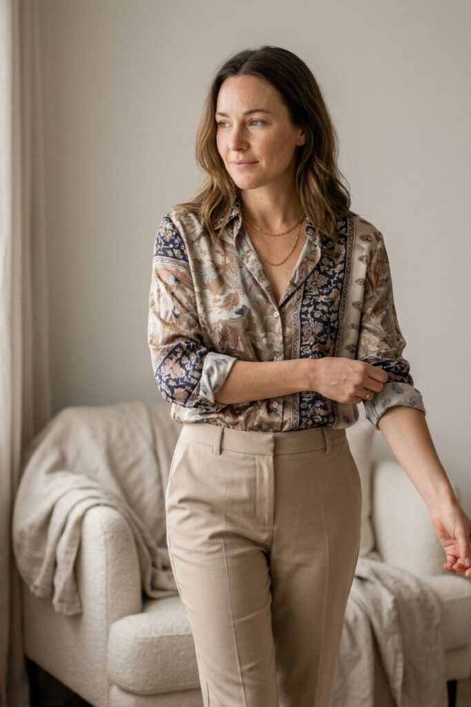 Woman wearing printed blouse and beige pants
