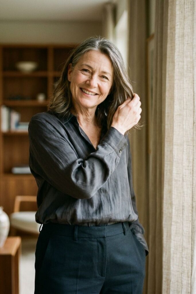 Smiling woman in neutral outfit by window