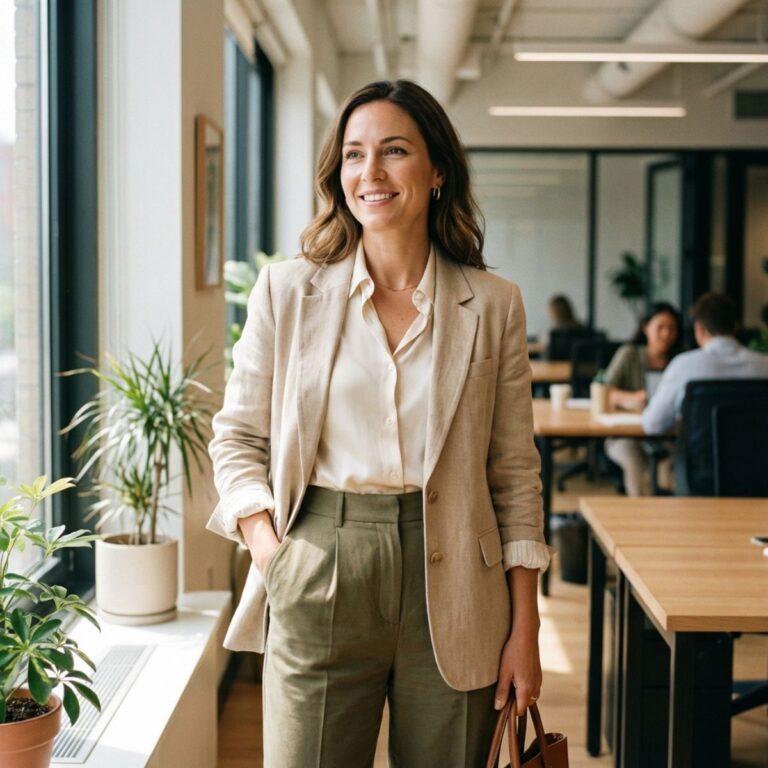 Woman in beige blazer and green pants smiling in modern office.