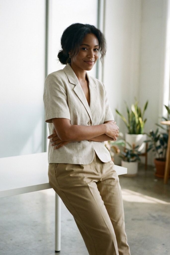 Woman in short-sleeve blazer and pants leaning against desk smiling.