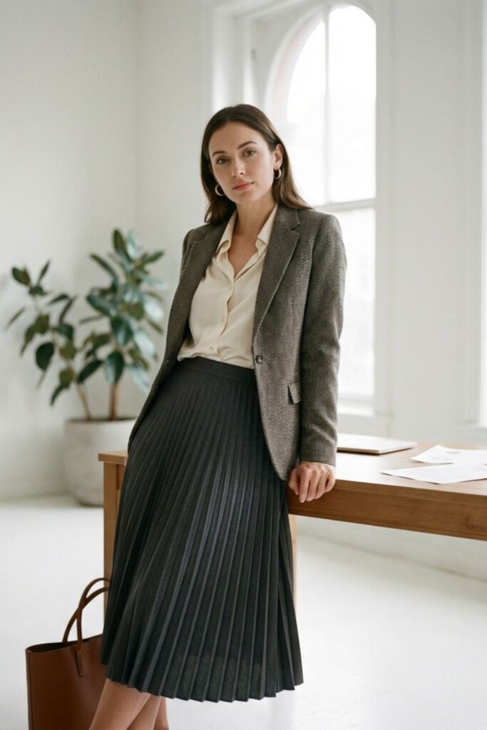 Woman in blazer and pleated skirt leaning on desk in bright office