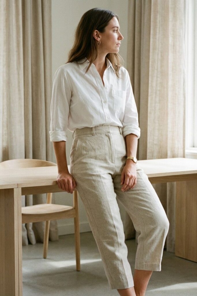 Woman in white shirt and cropped linen pants sitting on desk by window