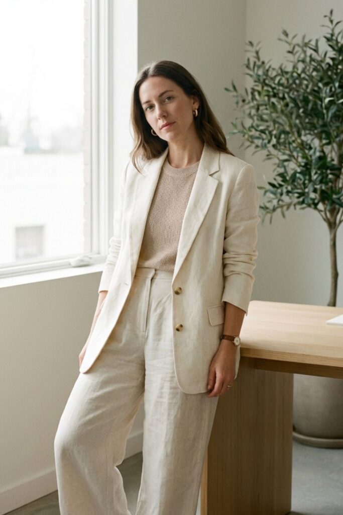 Woman in monochrome linen suit leaning against desk in bright office