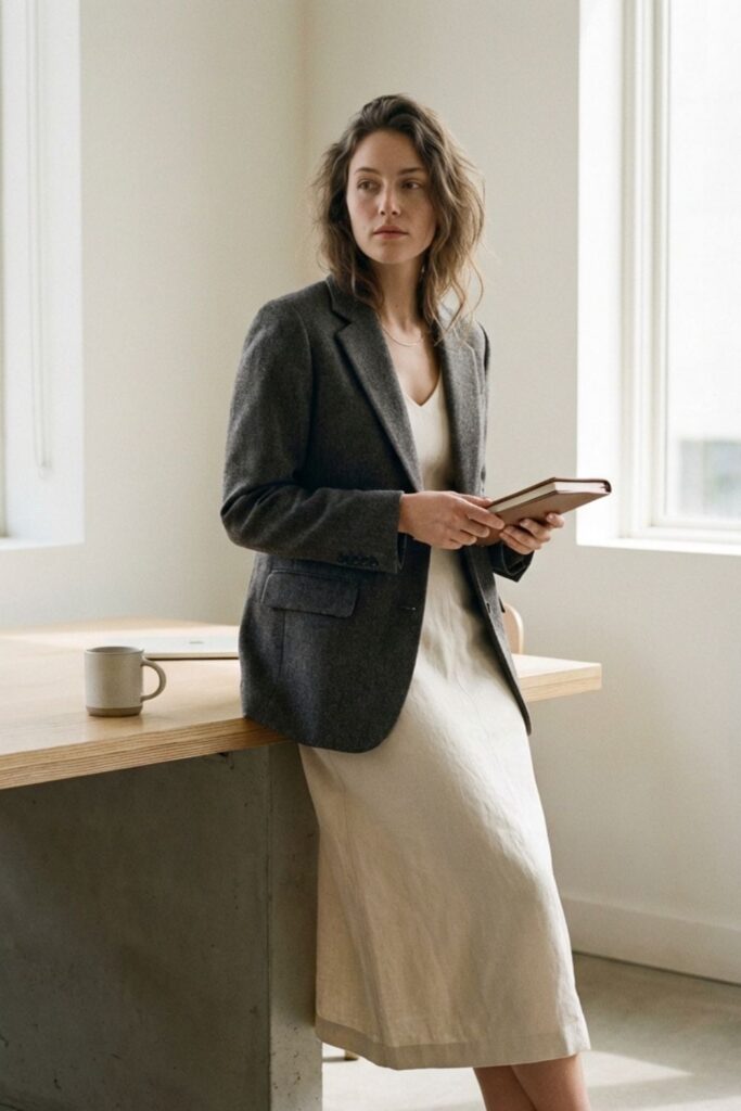 Woman in gray blazer over dress holding notebook by desk.