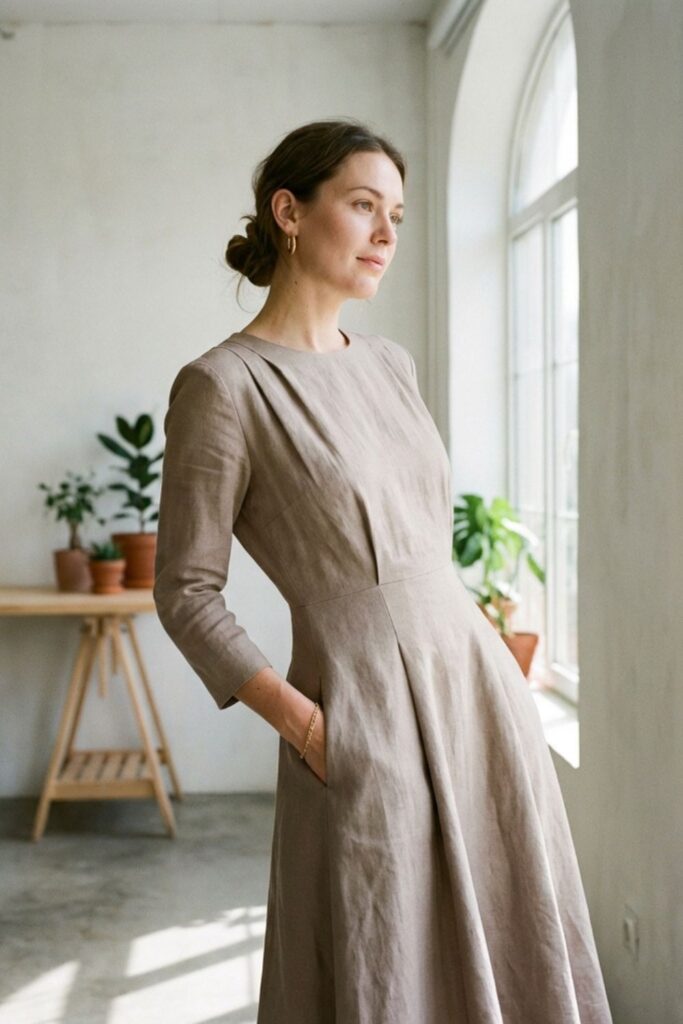 Woman in structured beige dress standing by window in bright room