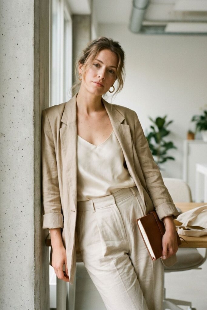 Woman in neutral linen suit holding notebook, leaning against wall