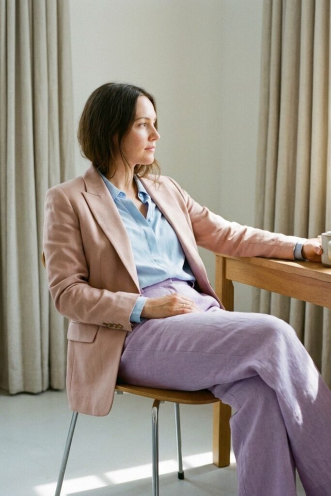 Woman in pastel blazer and trousers sitting with coffee by window