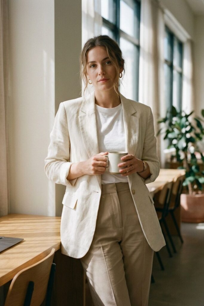 Woman in light linen suit holding mug in bright office space
