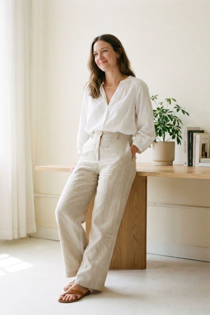 Woman in white blouse and linen pants standing in bright room.