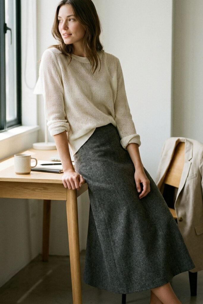 Woman in knit sweater and gray midi skirt sitting by window