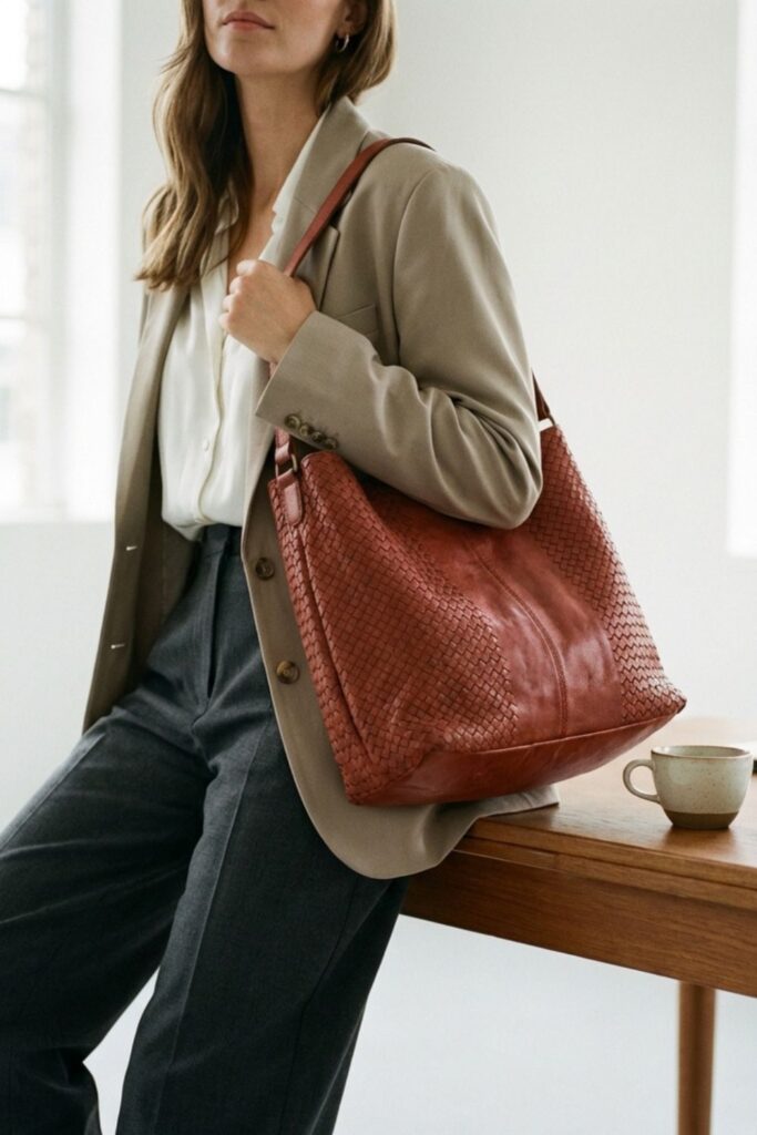 Woman in beige blazer with brown tote bag leaning on desk