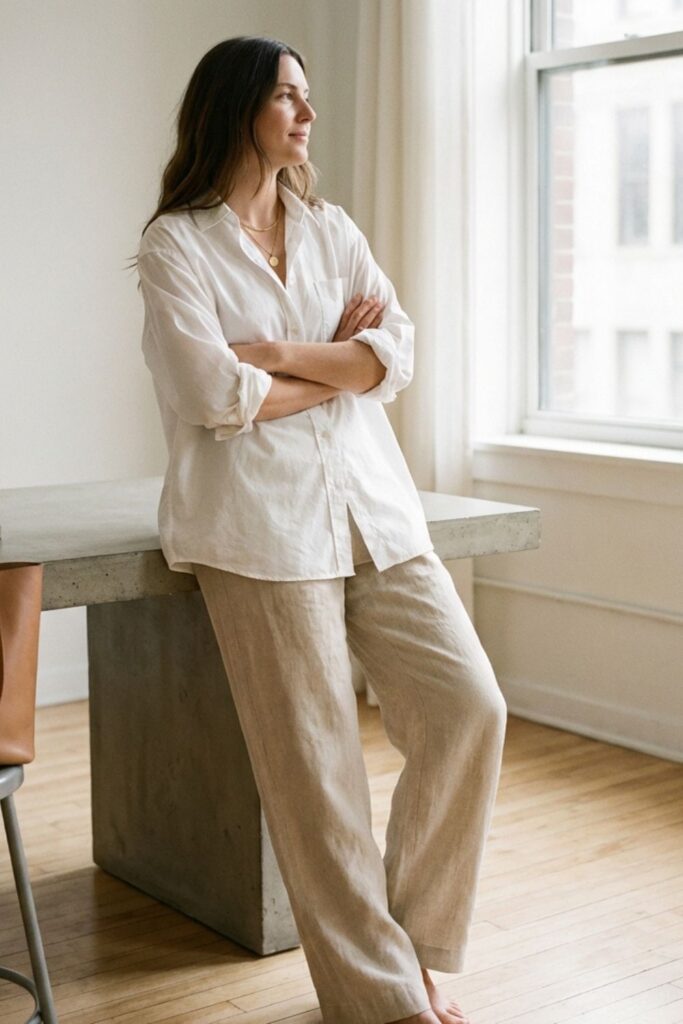 Woman in white shirt and linen pants leaning by window