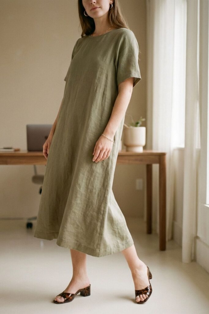 Woman in olive midi dress standing near window in bright room.