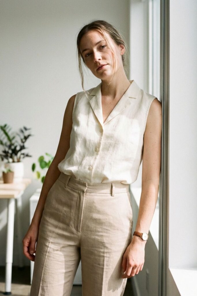 Woman in sleeveless linen blouse and pants leaning by window
