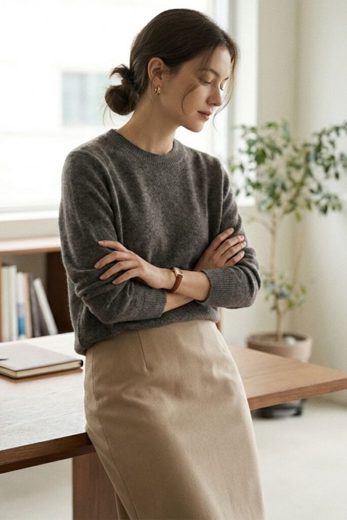 Woman in gray knit sweater and beige skirt leaning on desk