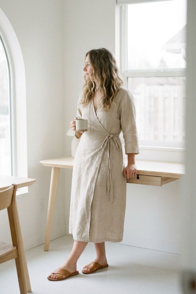 Woman in beige wrap dress holding mug by window in minimal room.