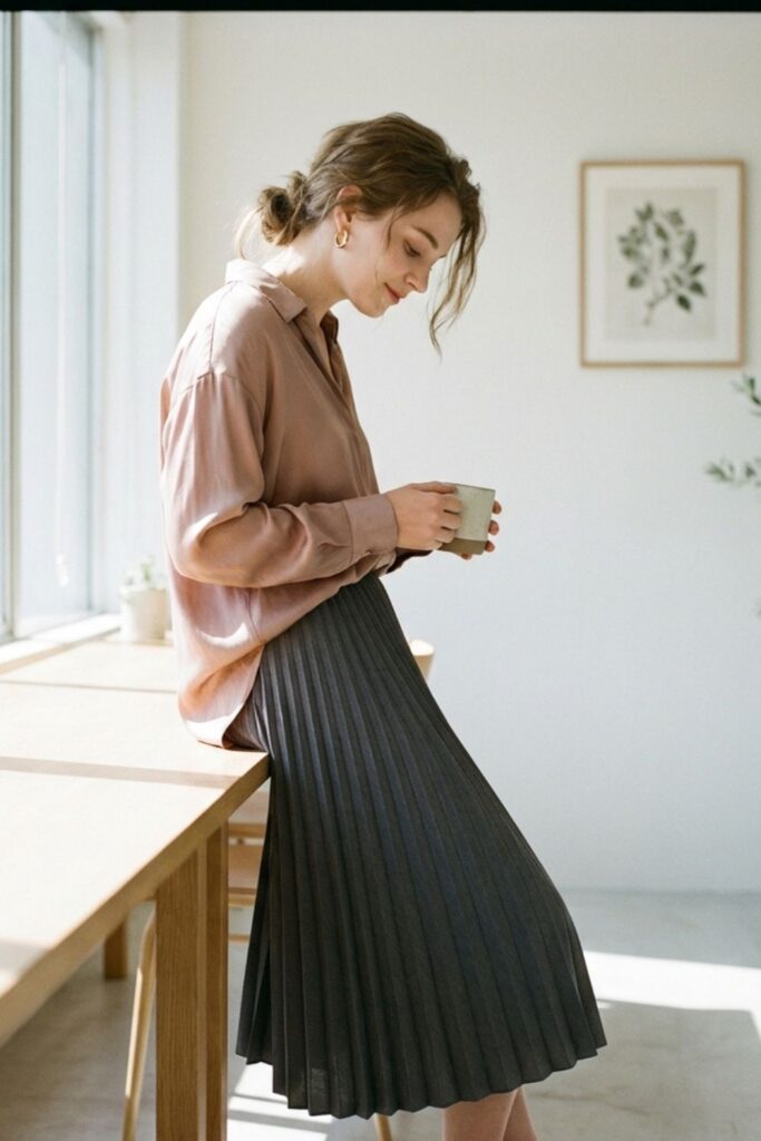 Woman in pink blouse and pleated skirt holding mug by desk