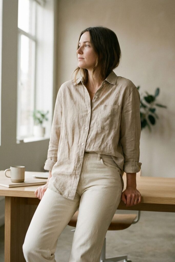 Woman in beige linen shirt and pants sitting on desk by window.